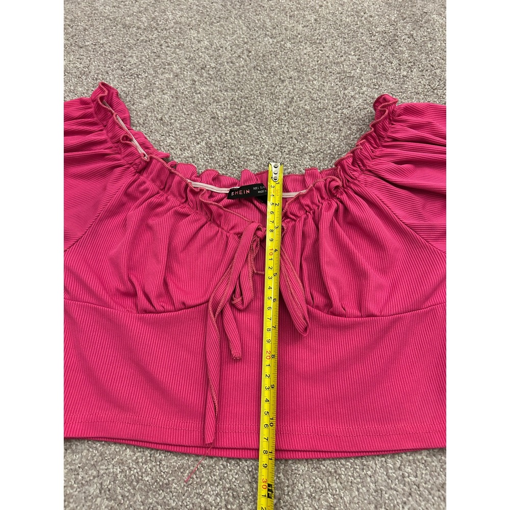 SHEIN Crop Top Womens Large Pink Excellent Ribbed Tie Front Puff Sleeve Ruffle - Picture 8 of 11